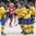 MALMO, SWEDEN - DECEMBER 29: Sweden's Filip Forsberg #16, Jacob de la Rose #9, Christian Djoos #4 and Gustav Olofsson #13 celebrate after a first period goal against Norway during preliminary round action at the 2014 IIHF World Junior Championship. (Photo by Andre Ringuette/HHOF-IIHF Images)